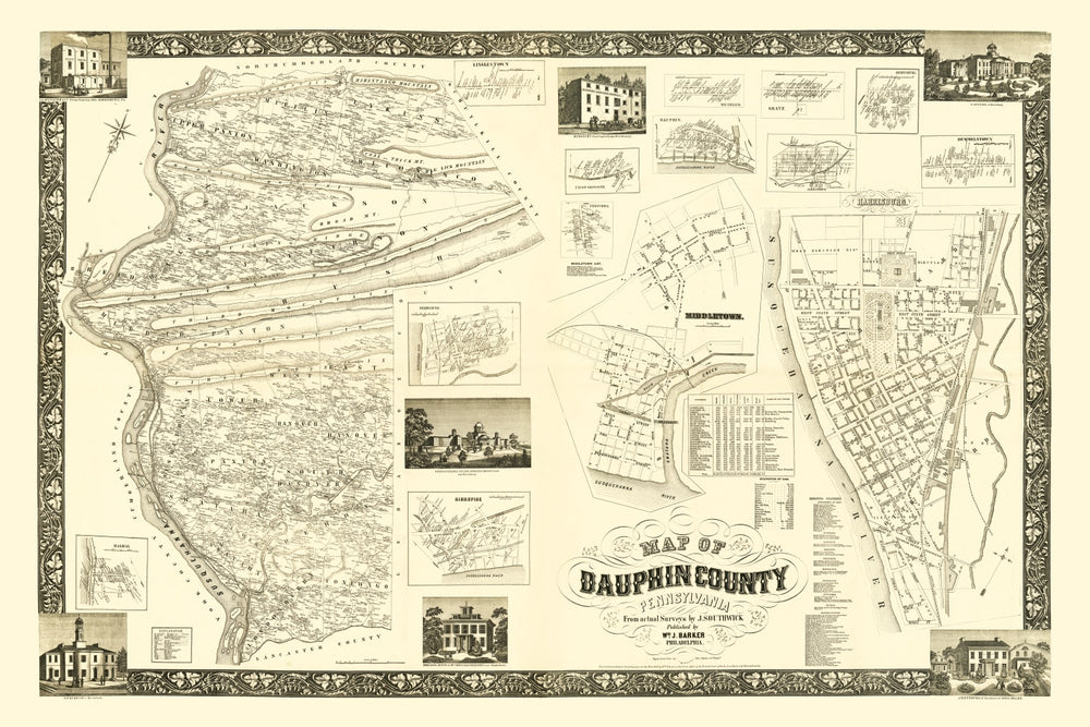 Vintage Map of Dauphin County, Pennsylvania 1858 print style example