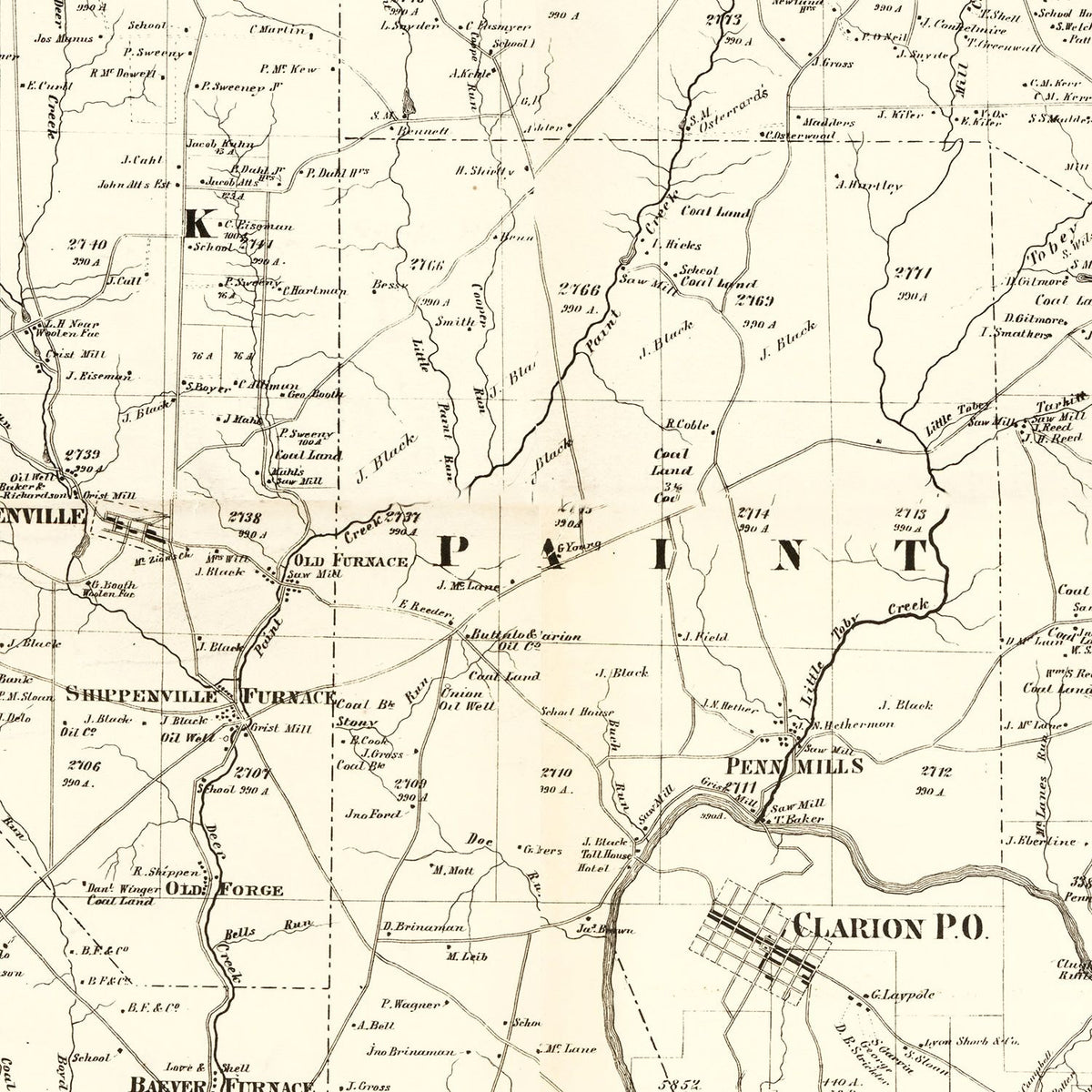 Restored historic details from the 1865 county map of Clarion County, Pennsylvania