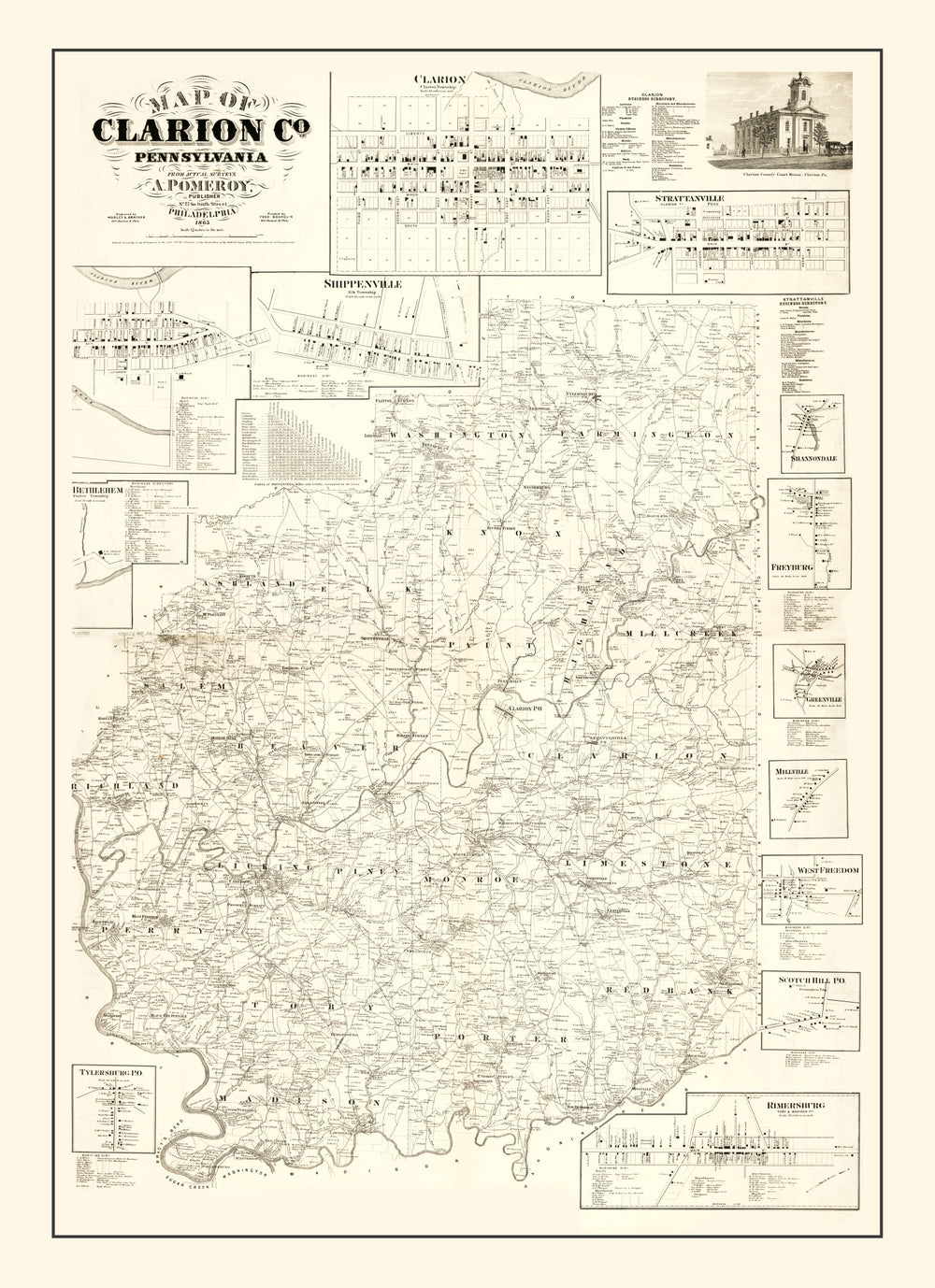 Vintage Map of Clarion County, Pennsylvania 1865 print style example