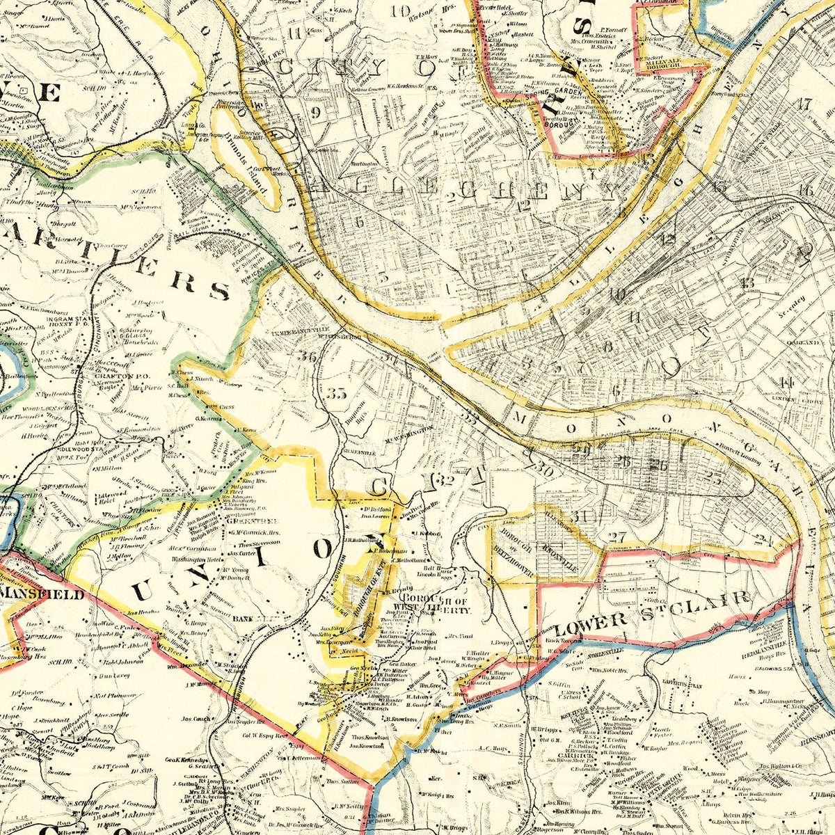 Restored historic details from the 1883 county map of Allegheny County, Pennsylvania