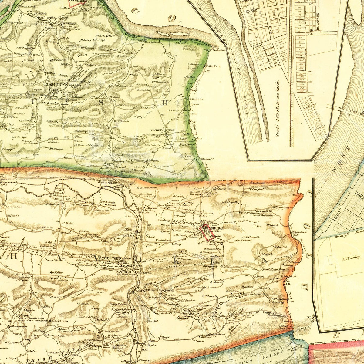 Restored historic details from the 1874 county map of Northumberland County, Pennsylvania