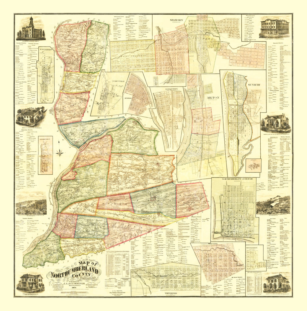 Vintage Map of Northumberland County, Pennsylvania 1874 print style example