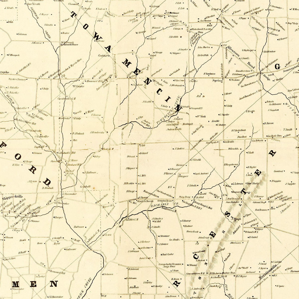 Restored historic details from the 1849 county map of Montgomery County, Pennsylvania