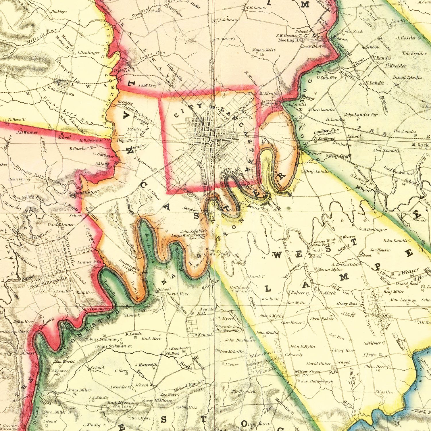 Restored historic details from the 1851 county map of Lancaster County, Pennsylvania