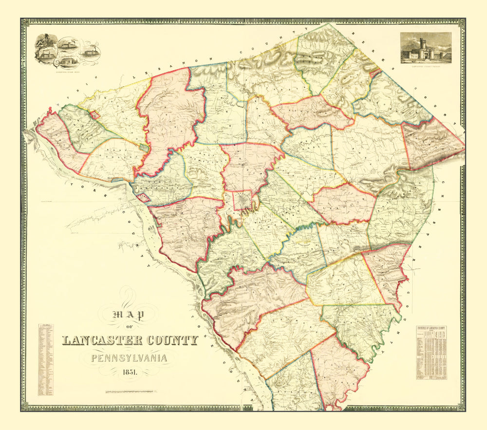 Vintage Map of Lancaster County, Pennsylvania 1851 print style example