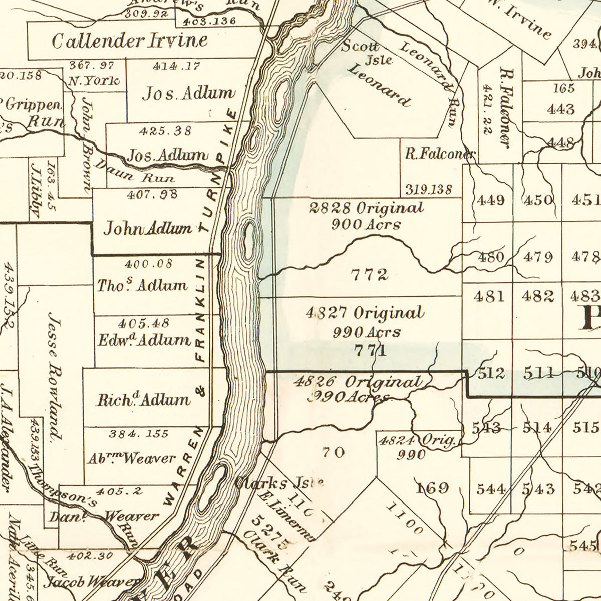 Restored historic details from the 1865 county map of Warren County, Pennsylvania