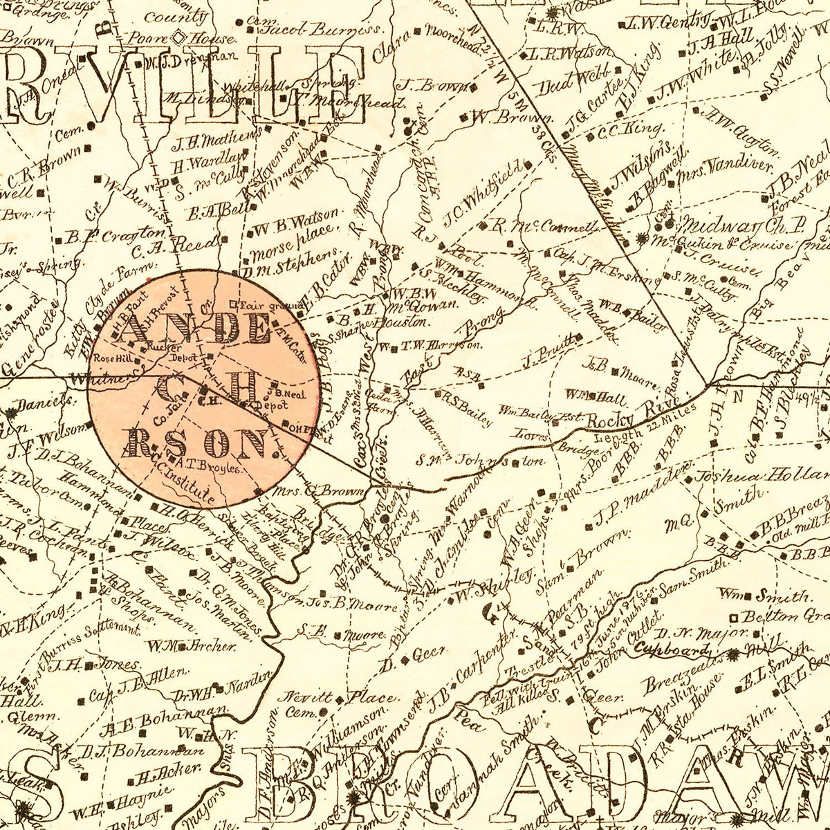 Restored historic details from the 1877 county map of Anderson County, South Carolina