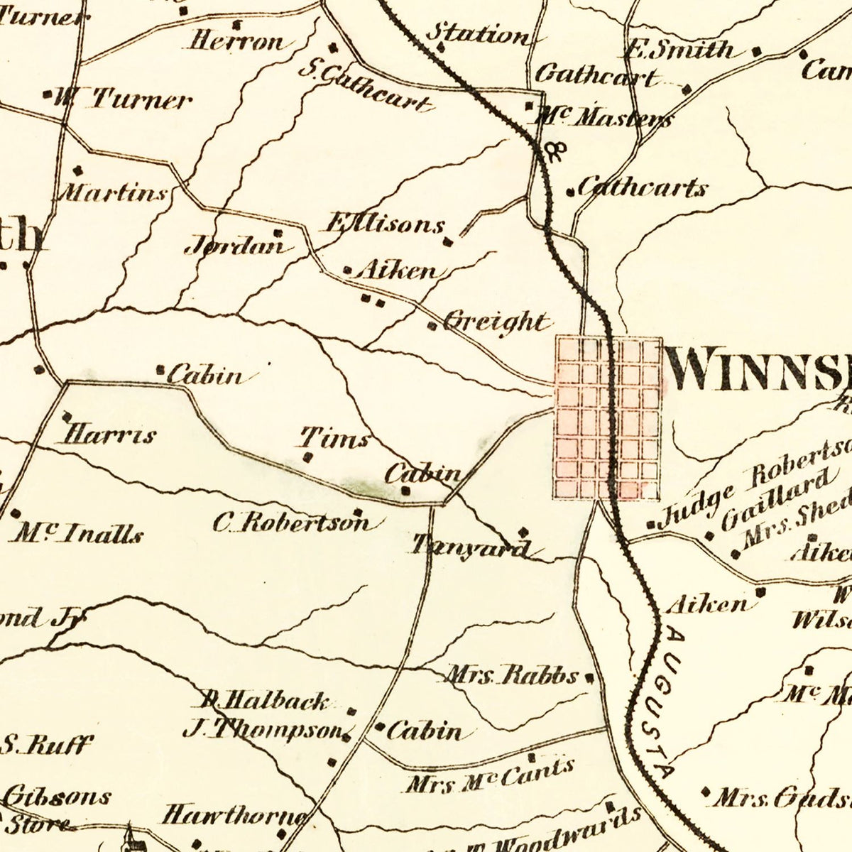 Restored historic details from the 1876 county map of Fairfield County, South Carolina