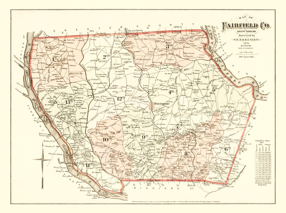 Vintage Map of Fairfield County, South Carolina 1876 print style example