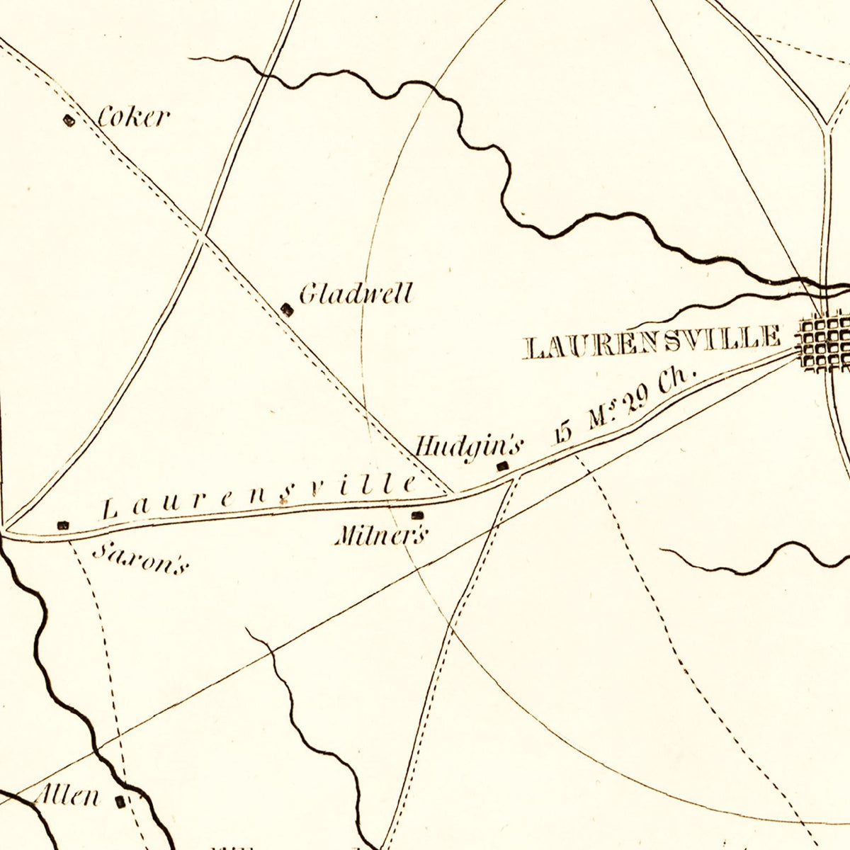 Restored historic details from the 1825 county map of Laurens County, South Carolina