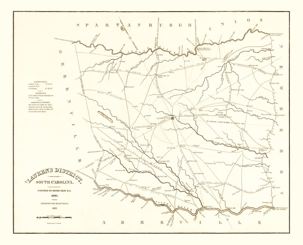 Vintage Map of Laurens County, South Carolina 1825 print style example