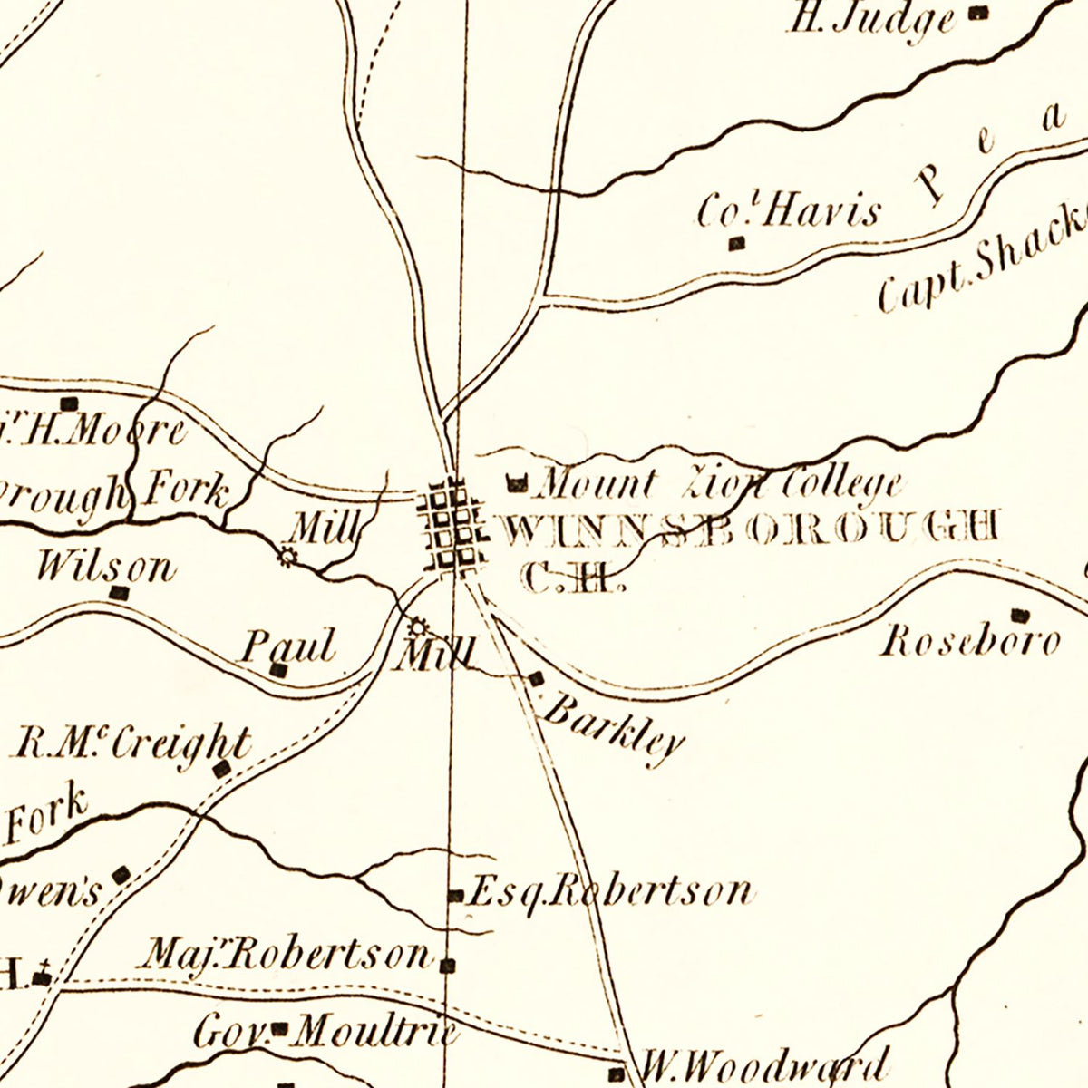 Restored historic details from the 1825 county map of Fairfield County, South Carolina