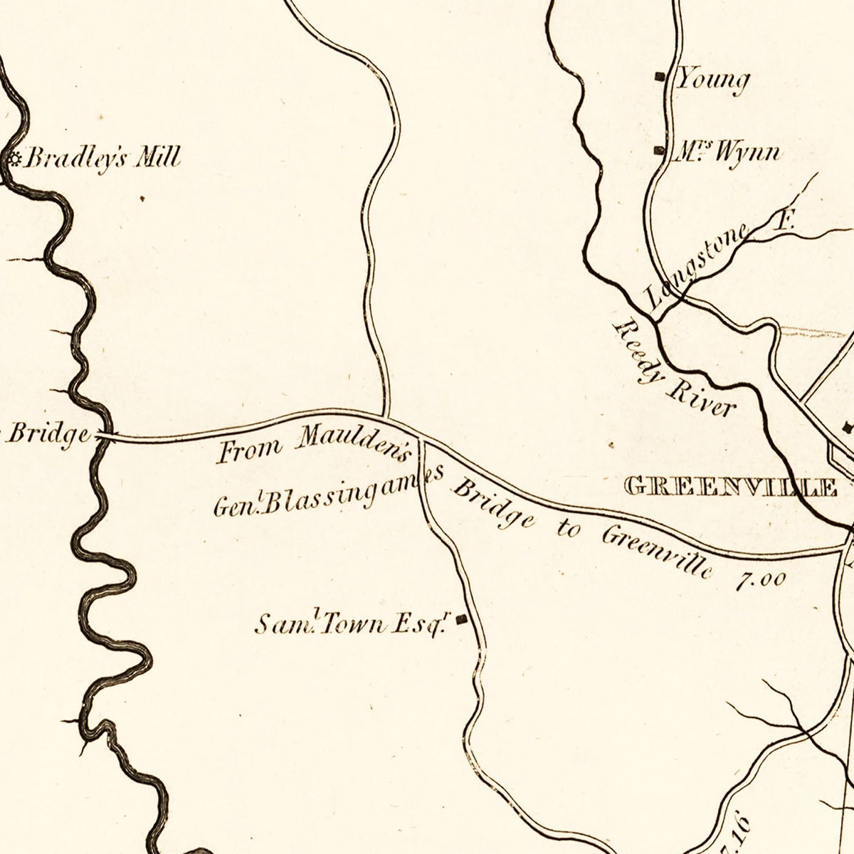 Restored historic details from the 1825 county map of Greenville County, South Carolina