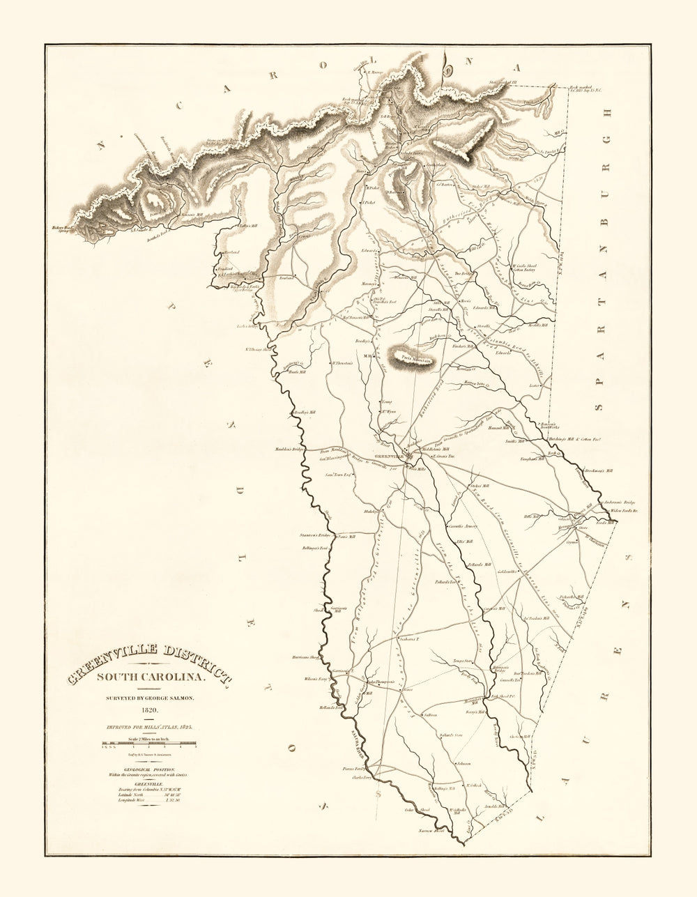 Vintage Map of Greenville County, South Carolina 1825 print style example