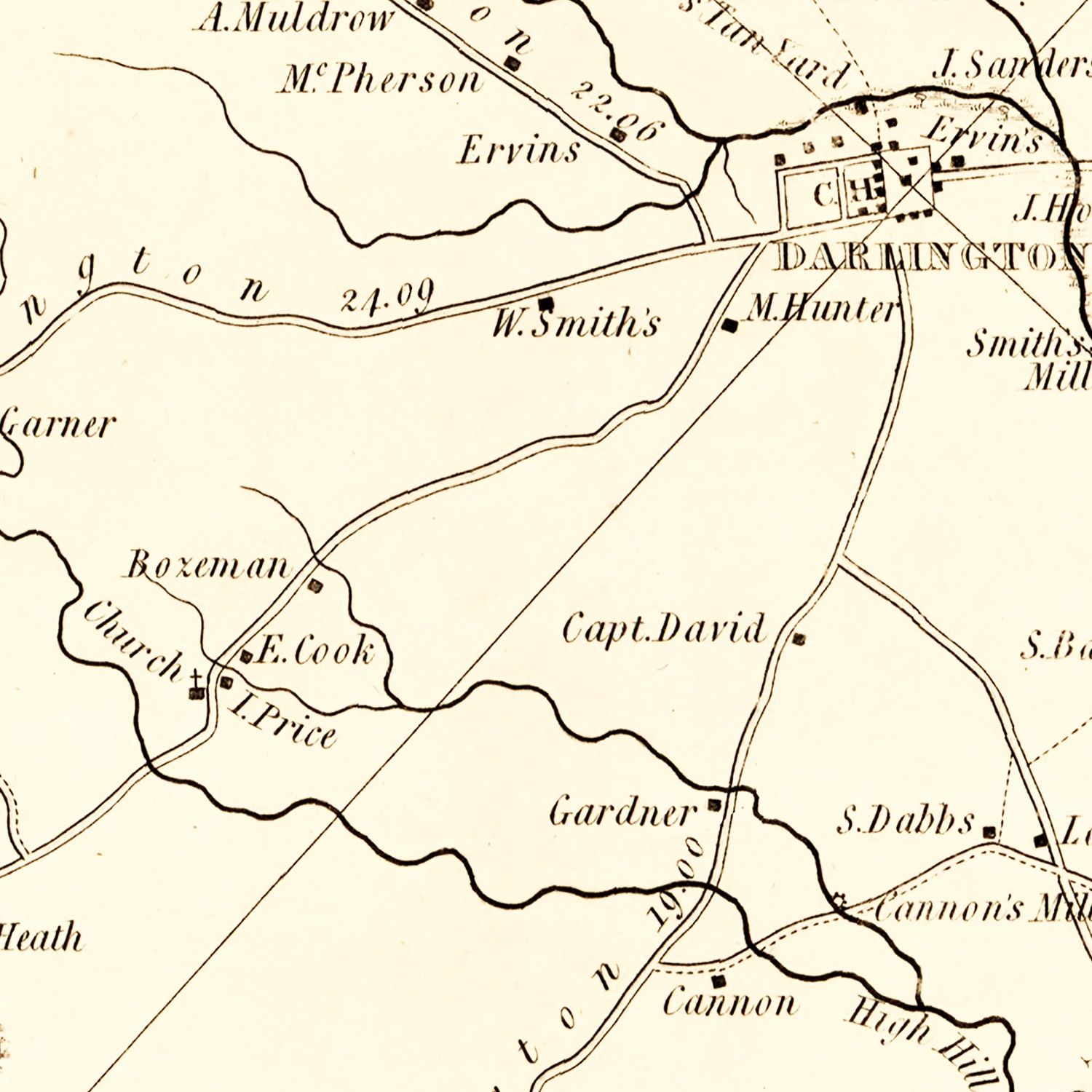 Restored historic details from the 1825 county map of Darlington County, South Carolina