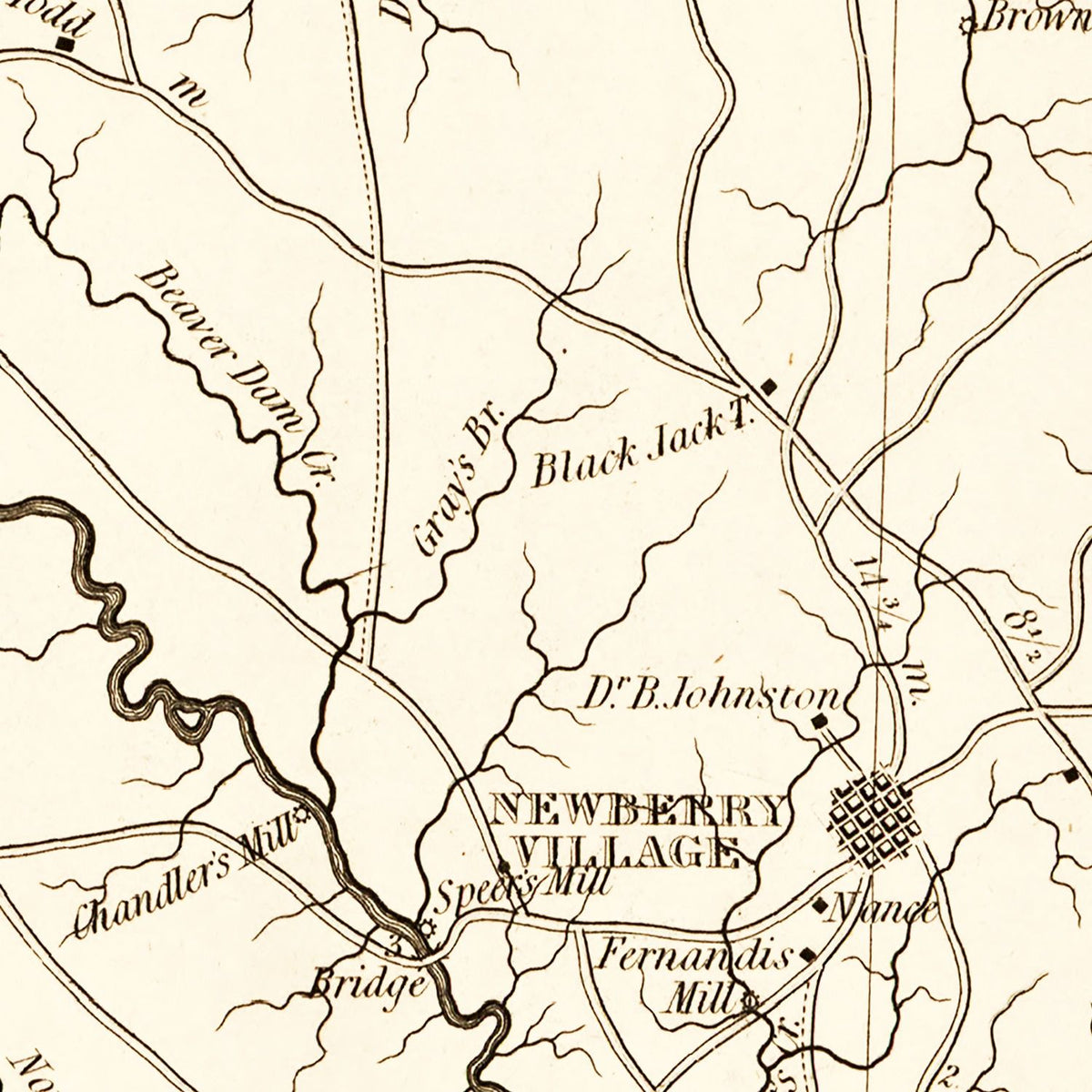 Restored historic details from the 1820 county map of Newberry County, South Carolina