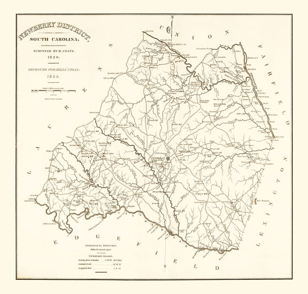 Vintage Map of Newberry County, South Carolina 1820 print style example