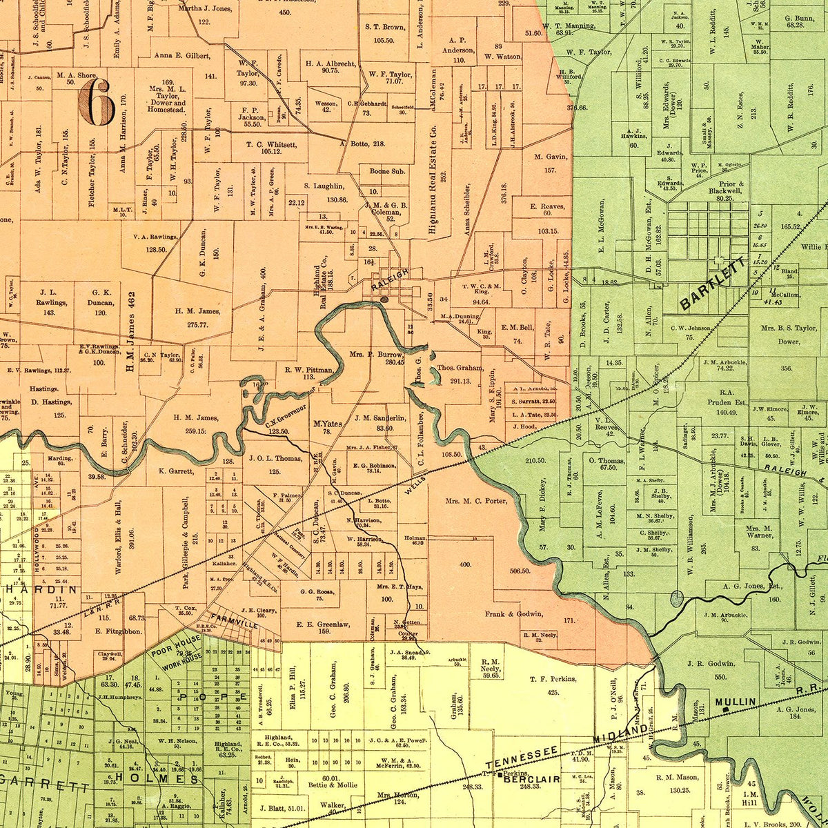 Restored historic details from the 1888 county map of Shelby County, Tennessee