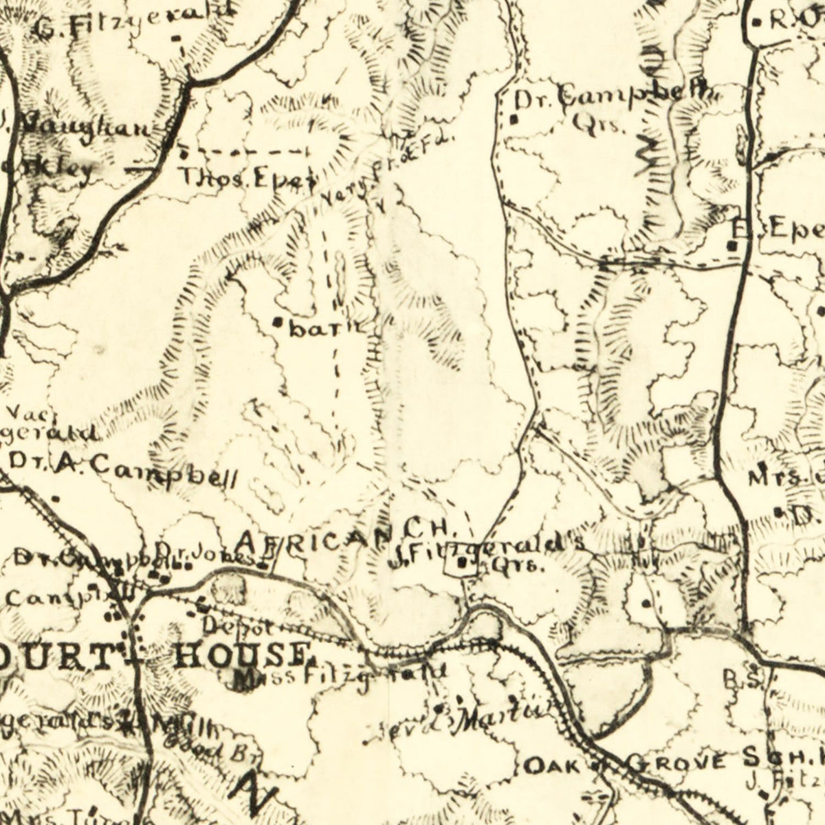 Restored historic details from the 1864 county map of Nottoway County, Virginia