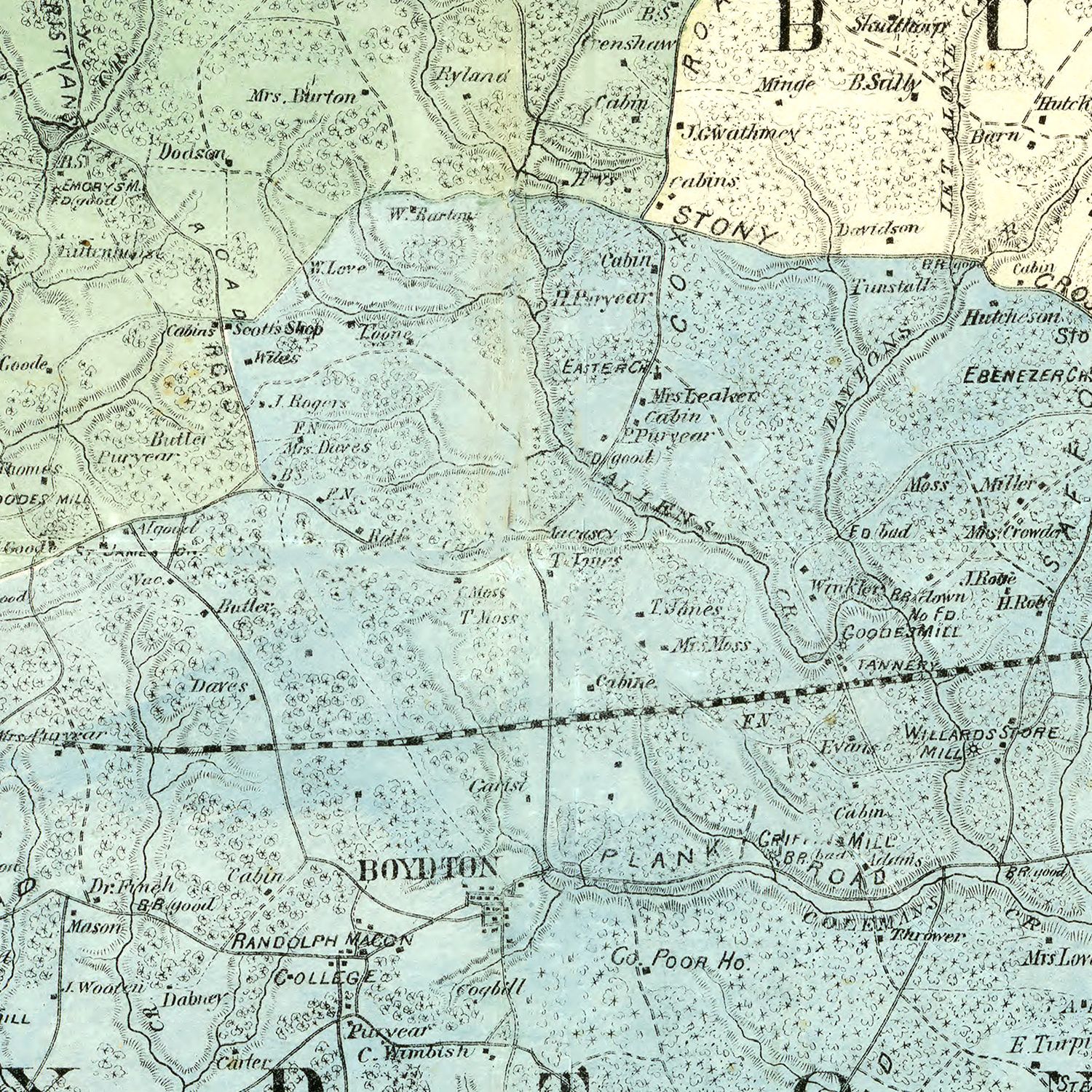 Restored historic details from the 1870 county map of Mecklenburg County, Virginia