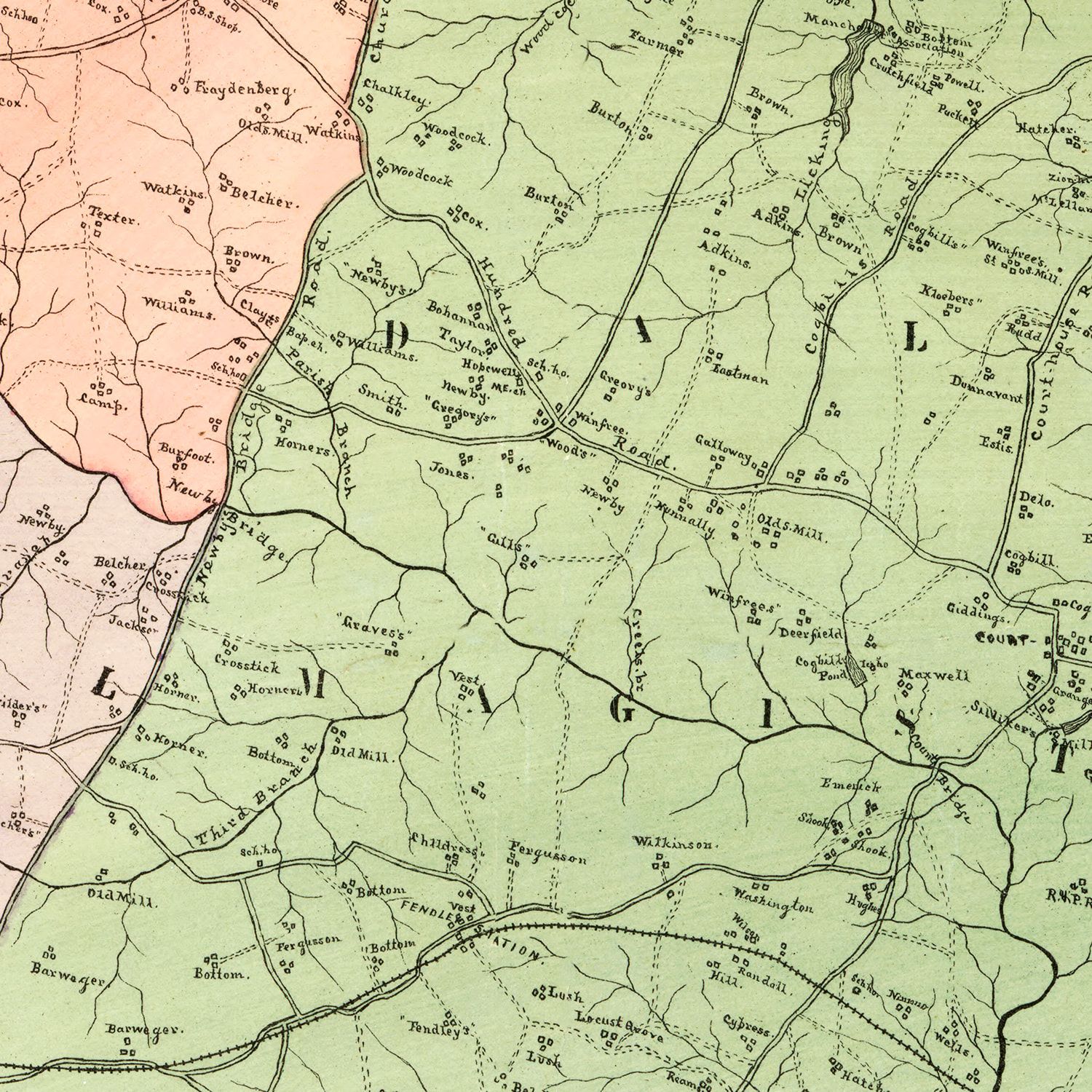 Restored historic details from the 1888 county map of Chesterfield County, Virginia