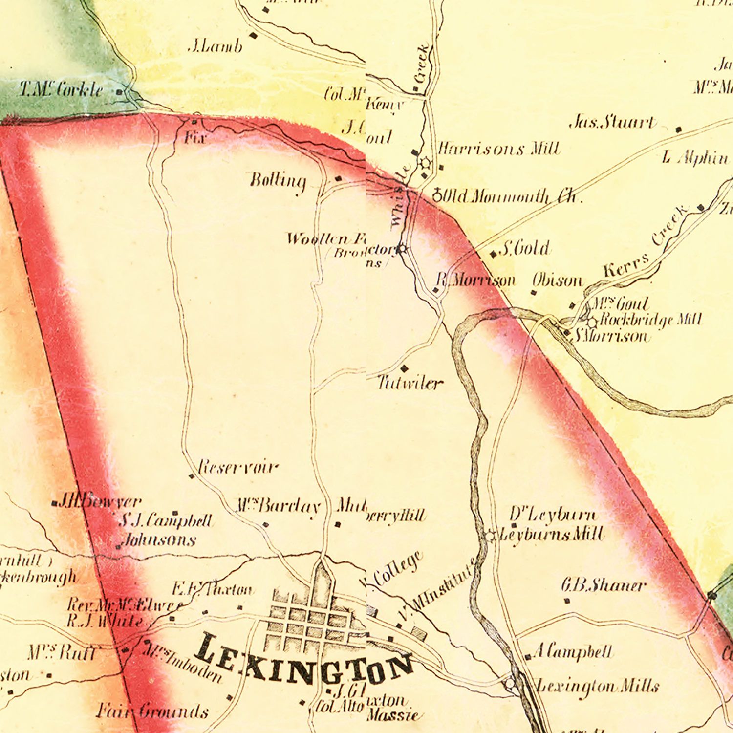 Restored historic details from the 1860 county map of Rockbridge County, Virginia