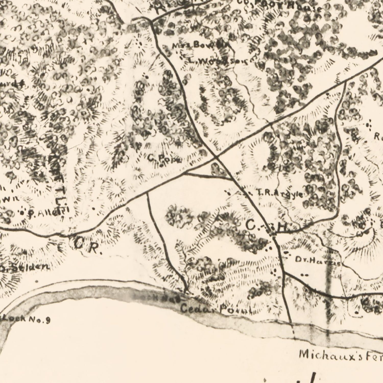 Restored historic details from the 1863 county map of Goochland County, Virginia