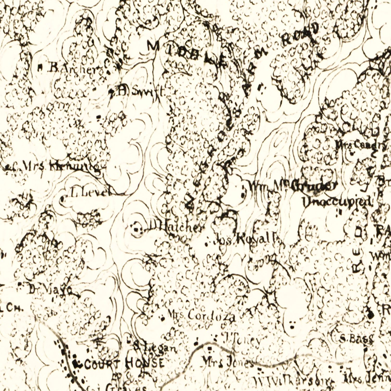 Restored historic details from the 1864 county map of Powhatan County, Virginia