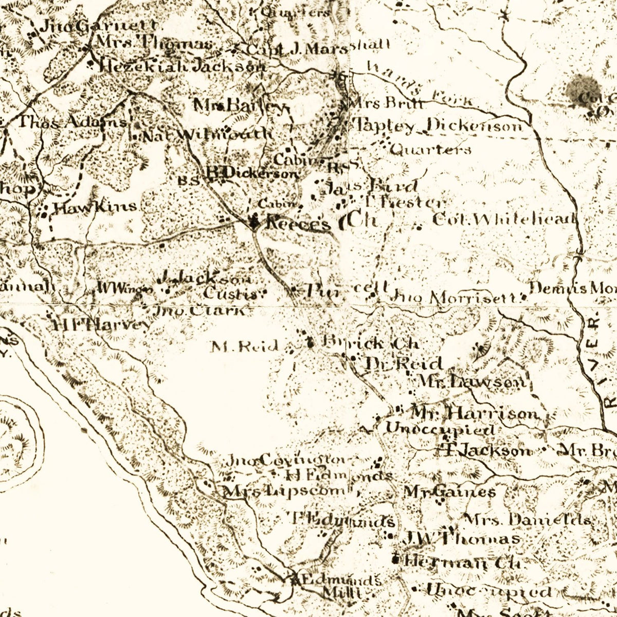 Restored historic details from the 1864 county map of Charlotte County, Virginia