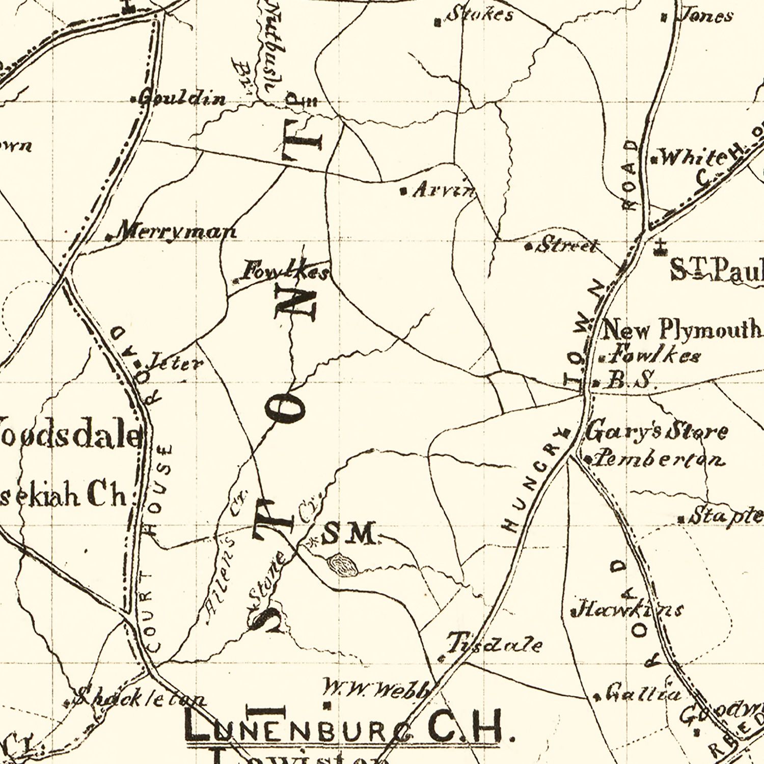 Restored historic details from the 1871 county map of Lunenburg County, Virginia