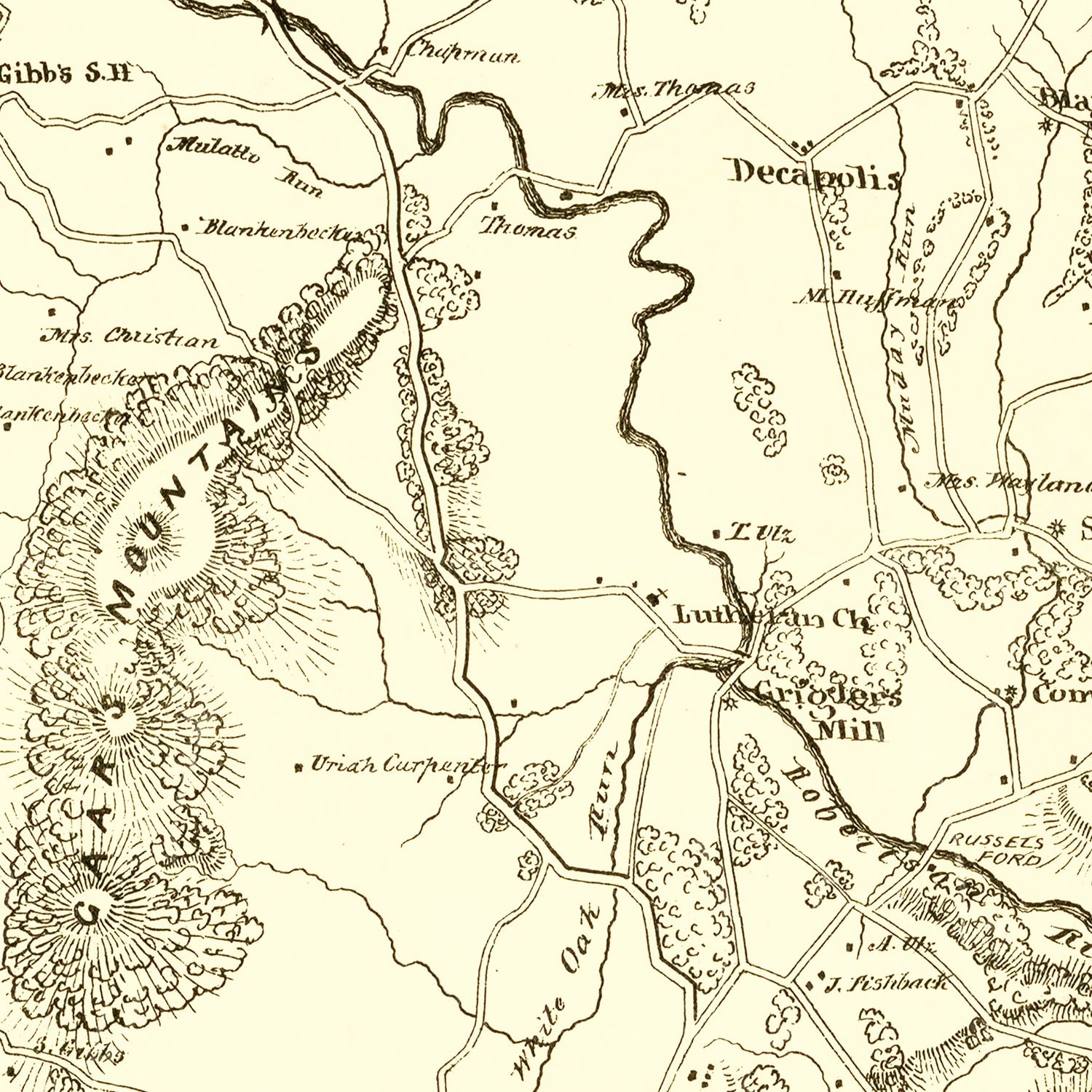Restored historic details from the 1875 county map of Madison County, Virginia