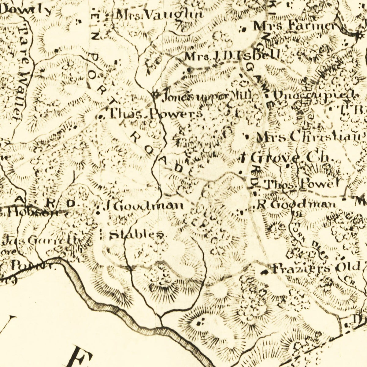 Restored historic details from the 1864 county map of Cumberland County, Virginia