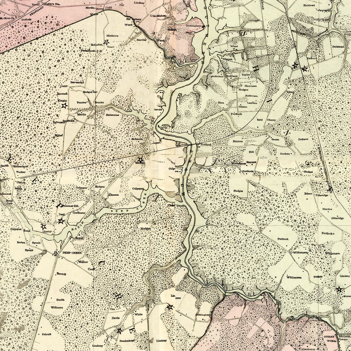 Restored historic details from the 1887 county map of Norfolk County, Virginia