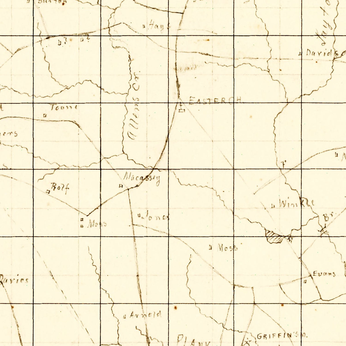 Restored historic details from the 1860 county map of Mecklenburg County, Virginia