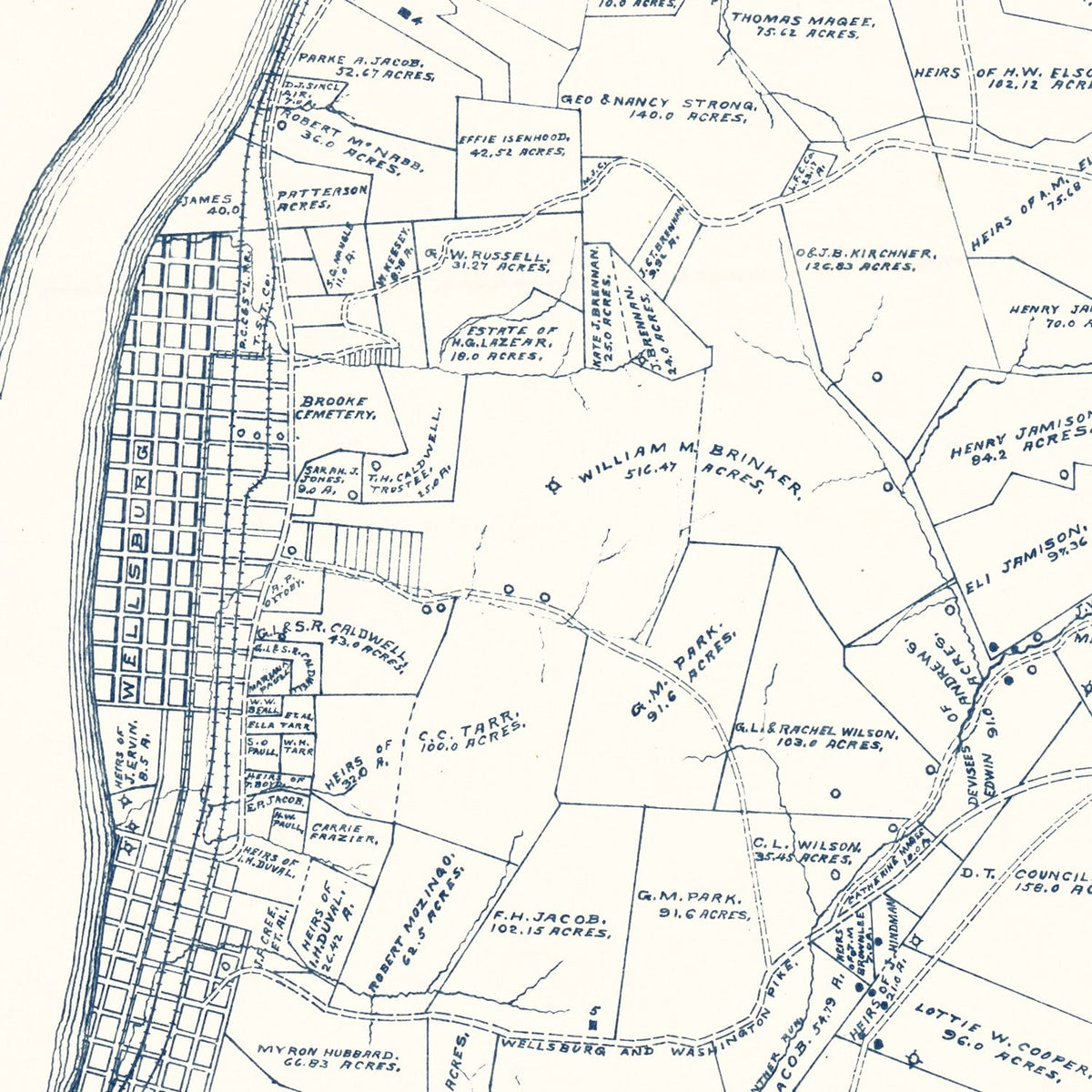 Restored historic details from the 1912 county map of Brooke County, West Virginia