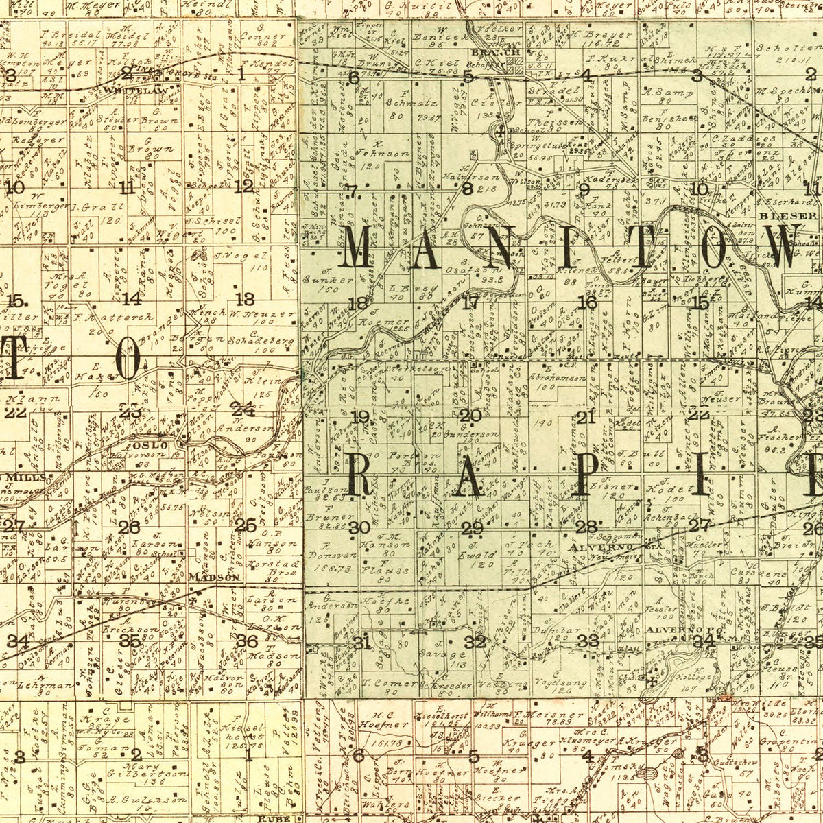 Restored historic details from the 1902 county map of Manitowac County, Wisconsin