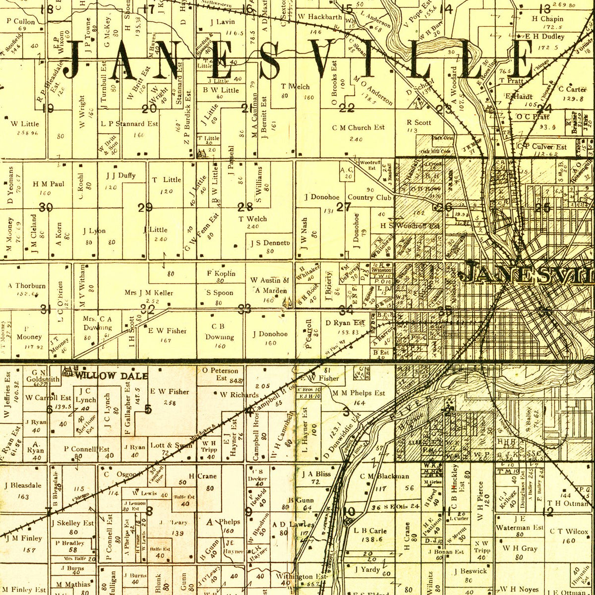 Restored historic details from the 1900 county map of Rock County, Wisconsin