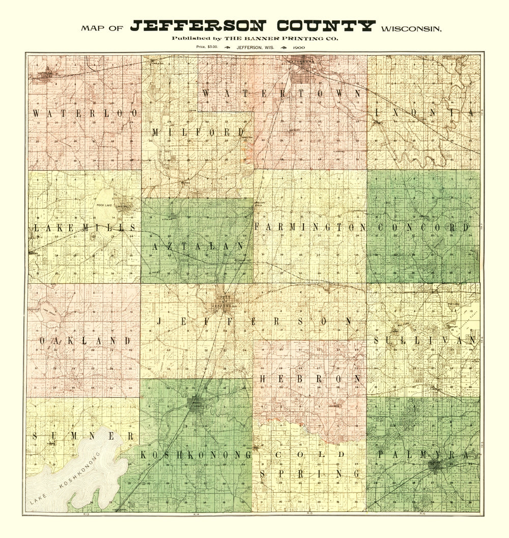 Vintage Map of Jefferson County, Wisconsin 1900 print style example
