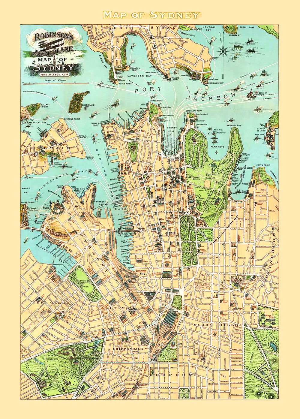 Vintage Map of Sydney, Australia 1909 print style example