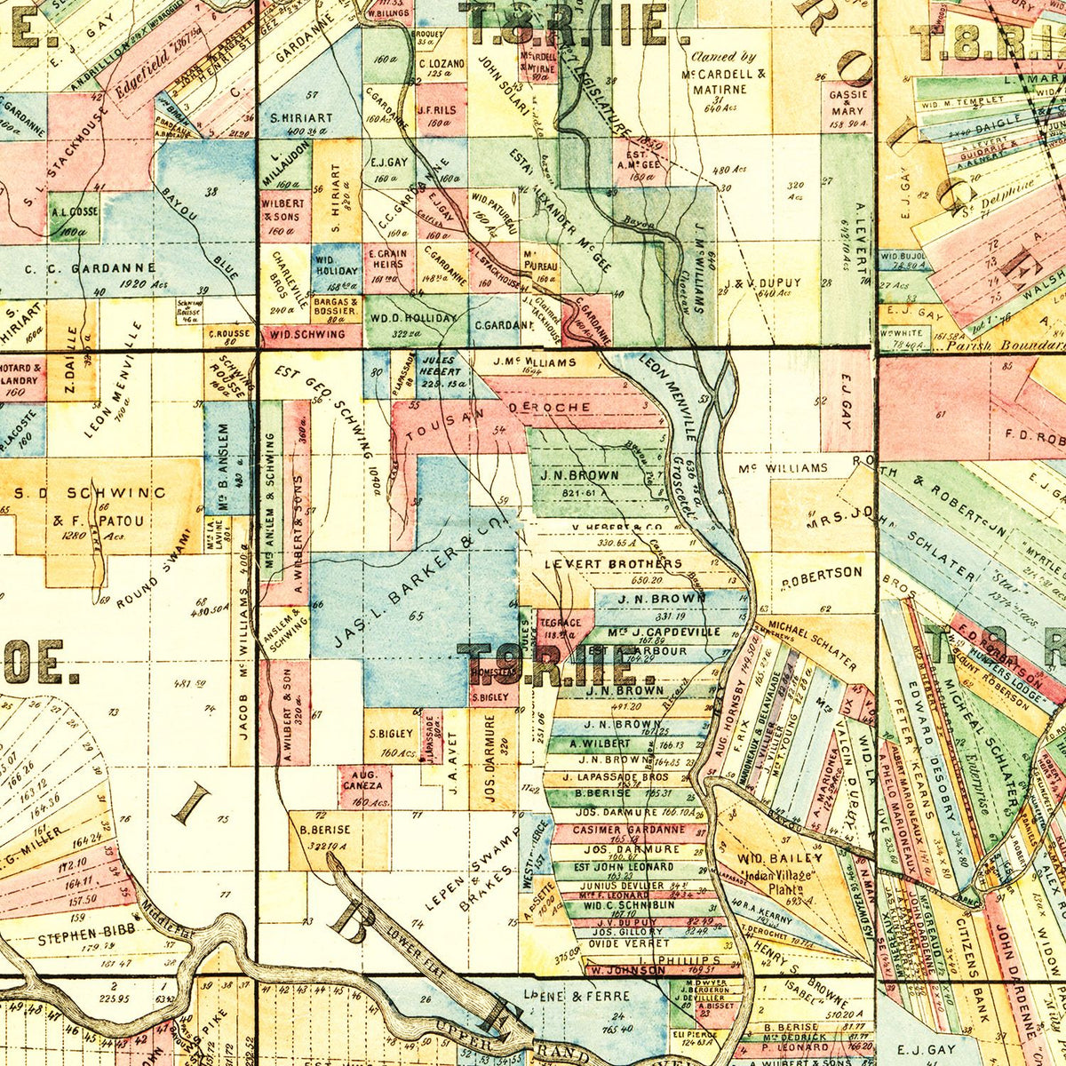 Restored historic details from the 1883 county map of Iberville Parish, Louisiana