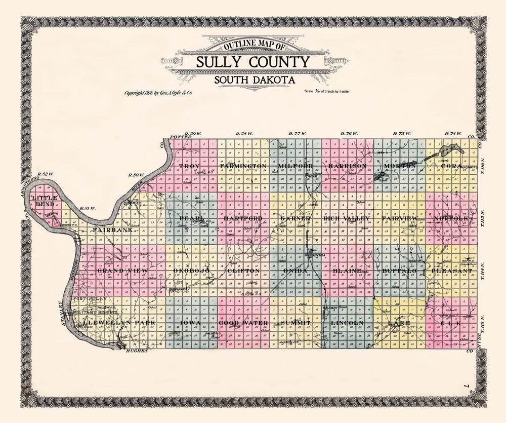 Vintage Map of Sully County, South Dakota 1916 print style example