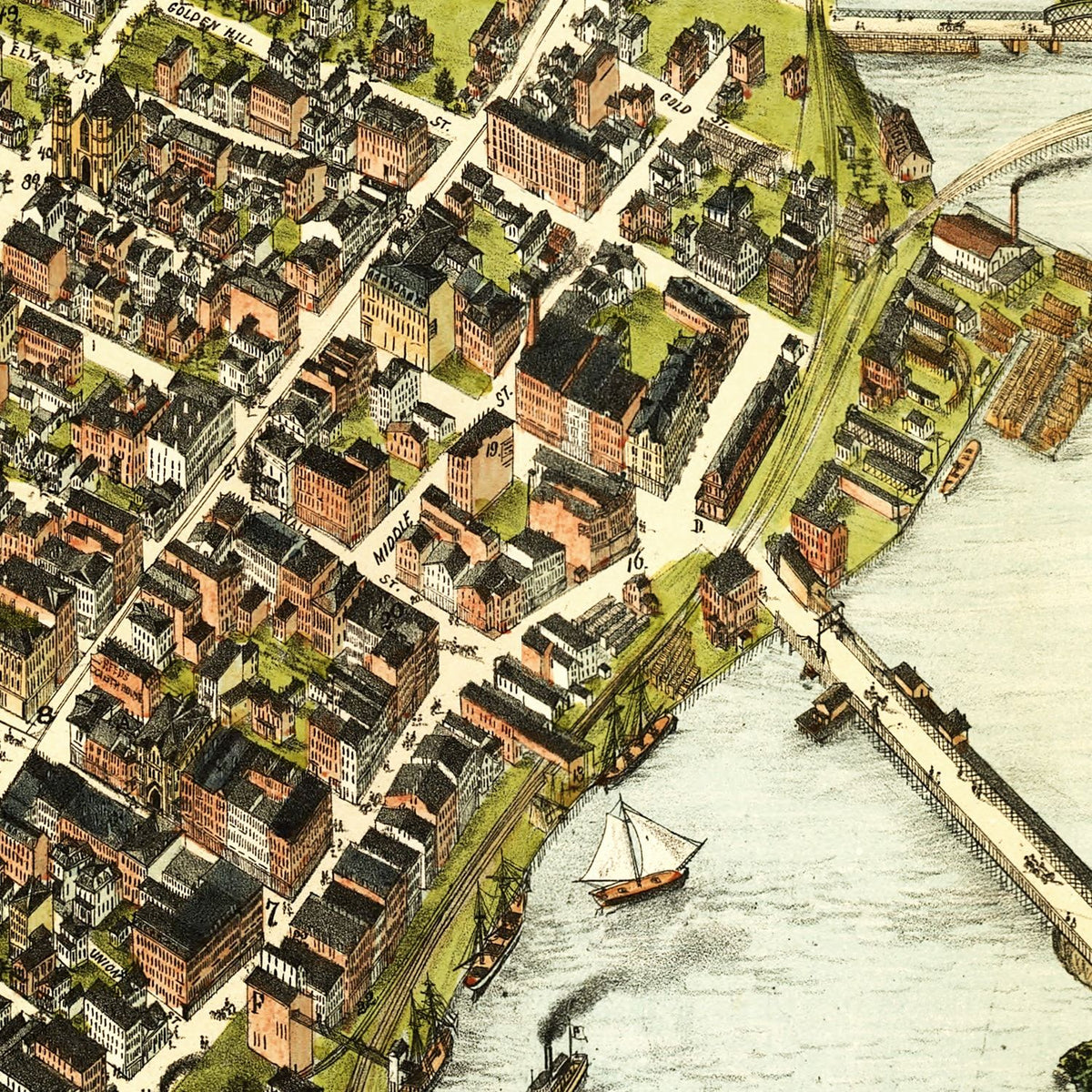 Restored historic details from the 1875 city map of Bridgeport, Connecticut