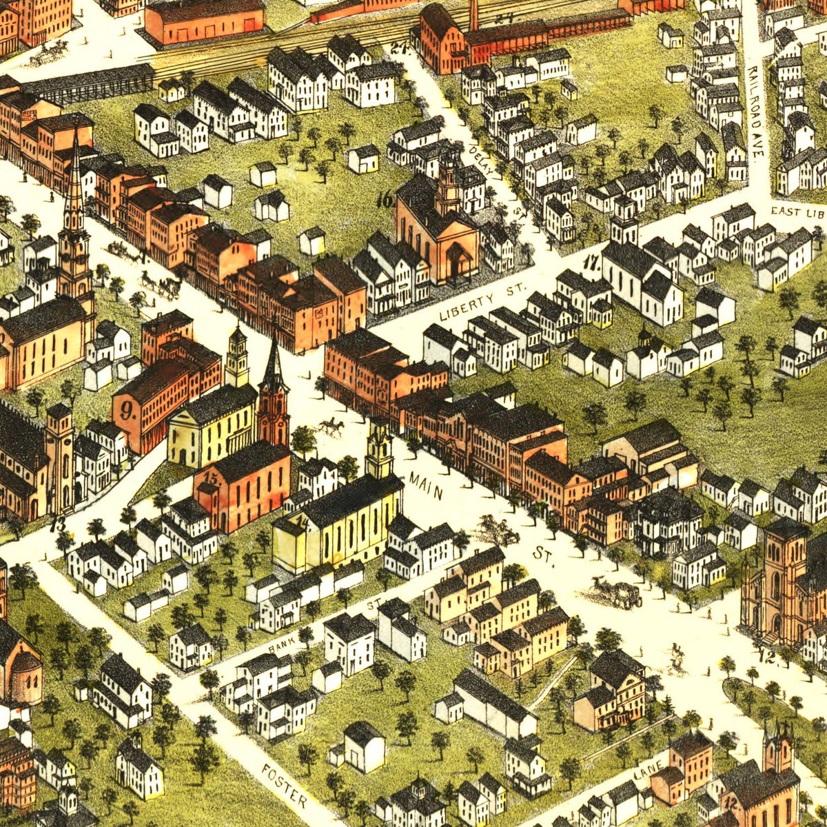 Restored historic details from the 1875 city map of Danbury, Connecticut