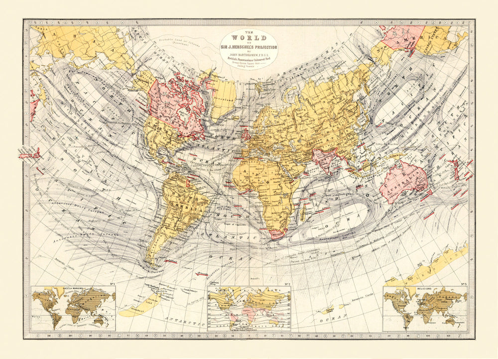 Vintage World Map (Sir John Herschel's Projection) 1871 print style example