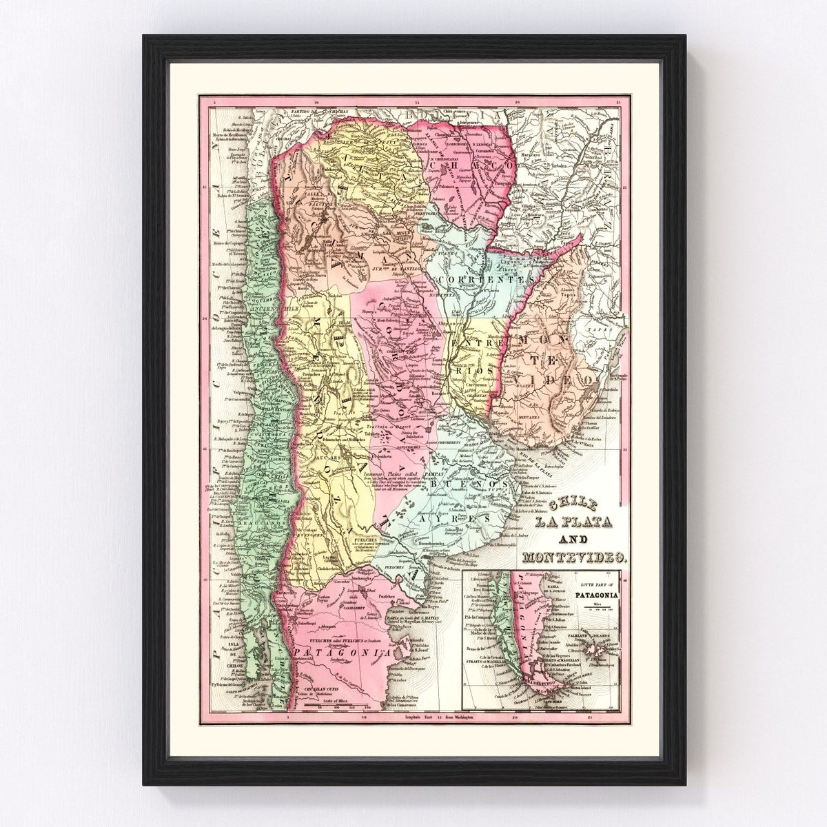 Chile, Argentina, Uruguay Vintage Map 1842