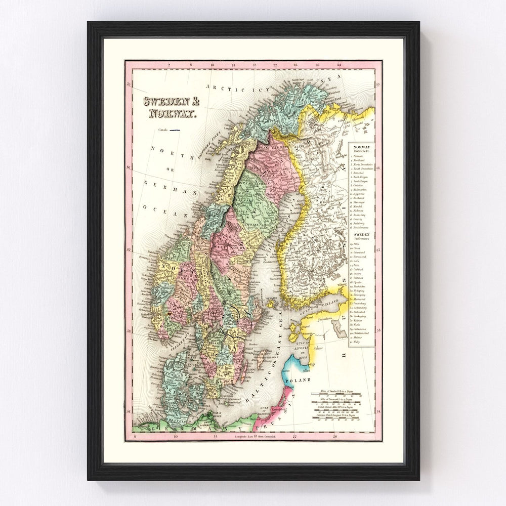 Sweden, Norway Vintage Map 1836