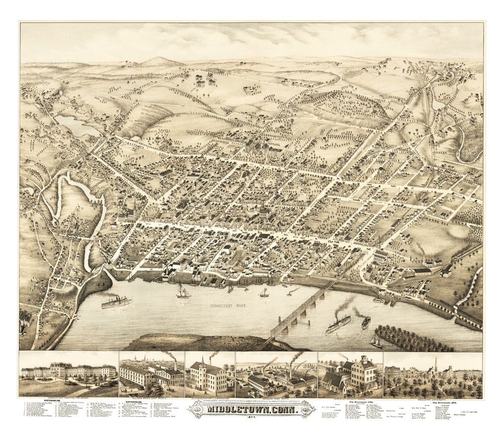 Vintage Map of Middletown, Connecticut 1877 print style example