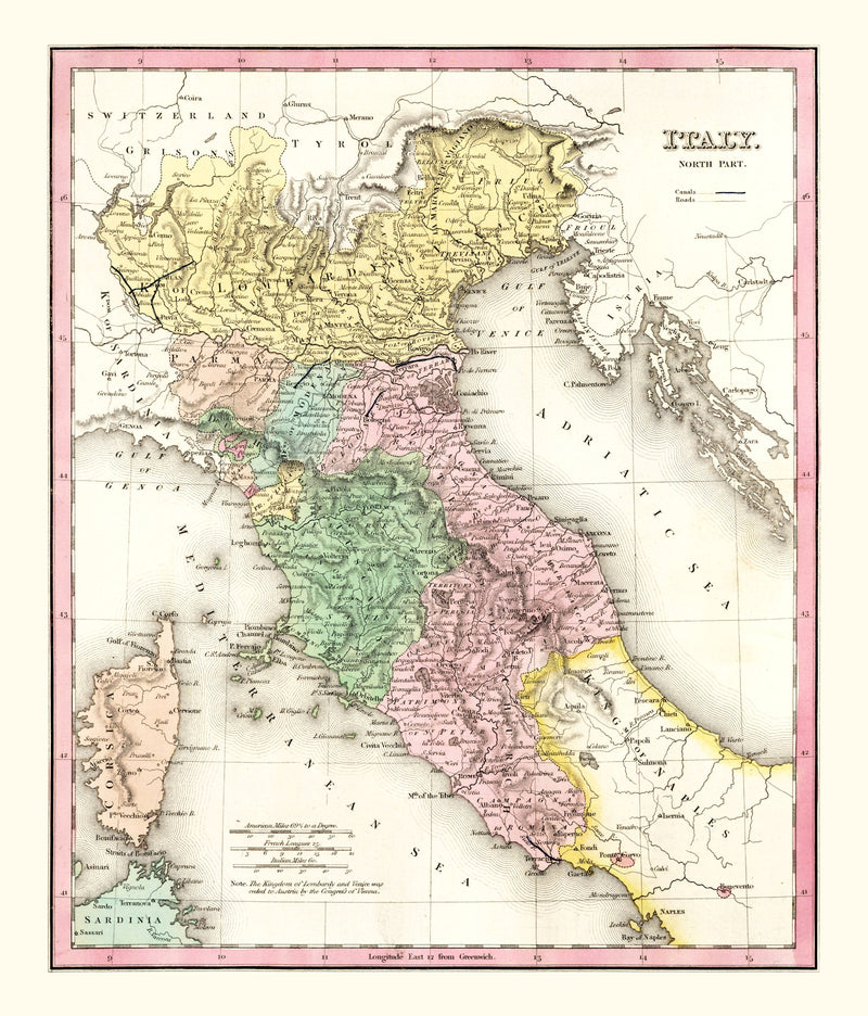 Size comparison using Vintage Map of North Italy 1836