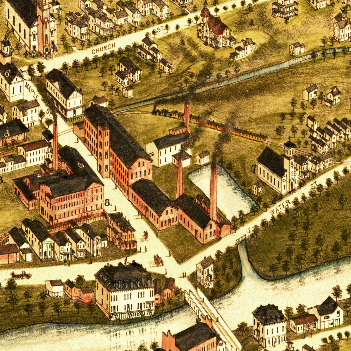 Restored historic details from the 1877 city map of Naugatuck, Connecticut