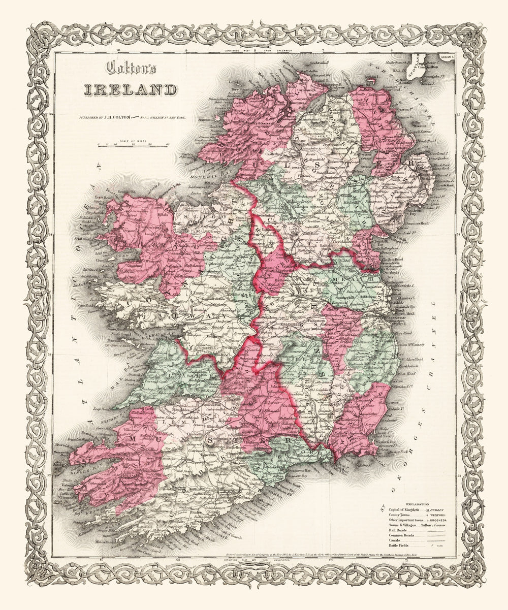 Vintage Map of Ireland 1865 print style example